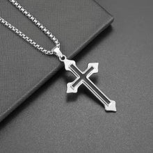 Load image into Gallery viewer, Two-Tone Twisted Chain Cross Necklace – Polished Gold & Silver Finish Pendant – Modern Religious Jewelry for Men and Teens – Minimalist Faith-Inspired Gift