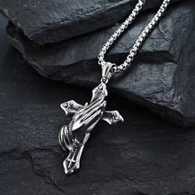 Load image into Gallery viewer, Praying Hands & Cross Silhouette Pendant – Men’s Stainless Steel Urban Jewelry – Edgy Gothic-Inspired Faith Necklace – Unique Masculine Accessory Gift