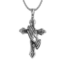 Load image into Gallery viewer, Praying Hands & Cross Silhouette Pendant – Men’s Stainless Steel Urban Jewelry – Edgy Gothic-Inspired Faith Necklace – Unique Masculine Accessory Gift