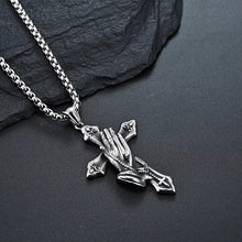Load image into Gallery viewer, Praying Hands &amp; Cross Silhouette Pendant – Men’s Stainless Steel Urban Jewelry – Edgy Gothic-Inspired Faith Necklace – Unique Masculine Accessory Gift
