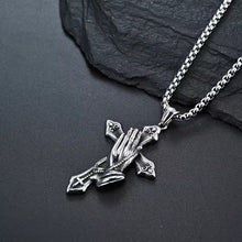 Load image into Gallery viewer, Praying Hands &amp; Cross Silhouette Pendant – Men’s Stainless Steel Urban Jewelry – Edgy Gothic-Inspired Faith Necklace – Unique Masculine Accessory Gift
