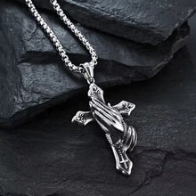 Load image into Gallery viewer, Praying Hands &amp; Cross Silhouette Pendant – Men’s Stainless Steel Urban Jewelry – Edgy Gothic-Inspired Faith Necklace – Unique Masculine Accessory Gift
